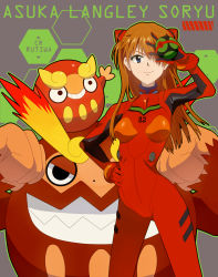 Rule 34 | &gt;:), 1girl, blue eyes, bodysuit, bracer, breasts, brown hair, character name, clenched hands, closed mouth, contrapposto, cowboy shot, creatures (company), crossover, darmanitan, darmanitan (standard), darumaka, dusk ball, evolutionary line, game freak, gen 5 pokemon, gloves, grey background, grin, hair ornament, hair over one eye, hand on own hip, hand up, headgear, hexagon, highres, holding, holding poke ball, interface headset, legs apart, light smile, long hair, looking at viewer, narrow waist, neon genesis evangelion, nintendo, orange hair, outline, pilot suit, plugsuit, poke ball, pokemon, pokemon (creature), rutiwa, sharp teeth, simple background, small breasts, smile, souryuu asuka langley, standing, teeth, turtleneck, two side up, v-shaped eyebrows