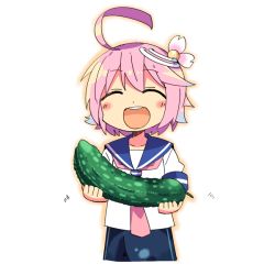 Rule 34 | 10s, 1girl, ahoge, bitter melon, blush stickers, closed eyes, food, hair ornament, i-58 (kancolle), kanikama, kantai collection, name connection, object namesake, open mouth, pink hair, pun, school swimsuit, short hair, solo, swimsuit, swimsuit under clothes, vegetable