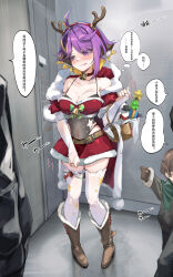 Rule 34 | 1girl, absurdres, ahoge, animal earmuffs, antlers, bare shoulders, basket, bell, belt, black jacket, black leotard, blonde hair, blush, boots, breasts, bridal gauntlets, brown belt, brown footwear, brown gloves, cape, chest tattoo, child, chinese text, choker, cleavage, colored tips, cross, cross earrings, earrings, elevator, elevator door, elevator operator, embarrassed, fake antlers, fang, full body, fur-trimmed boots, fur-trimmed cape, fur-trimmed skirt, fur-trimmed tube top, fur trim, furrowed brow, gift, gloves, hand up, highleg, highleg leotard, highres, holding, holding basket, horns, indoors, jacket, jewelry, knee boots, leotard, leotard under clothes, looking to the side, medium breasts, miniskirt, multicolored hair, navel, neck bell, nijisanji, off shoulder, parted lips, people, pigeon-toed, pointing, pointing at another, print thighhighs, purple eyes, purple hair, push-button, red cape, red choker, red skirt, red tube top, reindeer antlers, santa costume, saya (virtuareal), see-through, see-through leotard, short hair, single earring, skin fang, skirt, skirt tug, smile, spaghetti strap, speech bubble, star (symbol), star print, star tattoo, strapless, sweat, tattoo, thighhighs, thought bubble, translation request, trembling, tube top, virtual youtuber, virtuareal, white bridal gauntlets, white thighhighs, xun li eins, zettai ryouiki