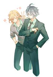 Rule 34 | 2boys, ahoge, alhaitham (genshin impact), alternate costume, blonde hair, bracelet, braid, buttoned cuffs, buttons, cancanbingo, closed mouth, collarbone, feet out of frame, formal, genshin impact, green pants, green shirt, green suit, grey hair, hair between eyes, hair over one eye, hand in pocket, highres, jewelry, kaveh (genshin impact), looking at viewer, medium hair, multiple boys, one eye closed, pants, shirt, simple background, smile, standing, suit, tuxedo, v, v-shaped eyebrows, white background