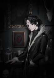 Rule 34 | 1boy, absurdres, black eyes, black hair, black jacket, bug, candle, chrollo lucilfer, commentary request, dark, earrings, hand in pocket, heart (organ), highres, hunter x hunter, indoors, jacket, jewelry, looking at viewer, male focus, painting (object), short hair, smnsutycoc, solo, spider