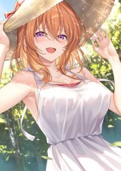Rule 34 | 1girl, :d, aged up, alternate breast size, armpits, arms up, bare arms, bare shoulders, blush, bow, breasts, cleavage, collarbone, commentary request, day, dress, gochuumon wa usagi desu ka?, hair between eyes, hands on headwear, hat, hat bow, hat ornament, highres, hoto cocoa, ks (xephyrks), large breasts, light rays, long hair, looking at viewer, open mouth, original, outdoors, purple eyes, red bow, sleeveless, sleeveless dress, smile, solo, sun hat, sunbeam, sundress, sunlight, tree, upper body, white dress