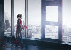 Rule 34 | 1boy, bag, black shirt, broken glass, broken window, brown eyes, brown hair, building, city, cityscape, closed mouth, commentary request, duel academy uniform (yu-gi-oh! gx), duel disk, full body, glass, hair between eyes, highres, jacket, long sleeves, looking at viewer, male focus, moribuden, multicolored hair, open clothes, open jacket, red footwear, red jacket, shirt, shoes, short hair, solo, standing, two-tone hair, yu-gi-oh!, yu-gi-oh! gx, yuuki juudai