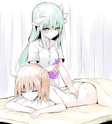 Rule 34 | 2girls, ahoge, aqua hair, ass, bed sheet, blush, bottle, breasts, closed mouth, fate/grand order, fate (series), fujimaru ritsuka (female), hair ornament, hair scrunchie, horns, kiyohime (fate), long hair, lotion, low-tied long hair, lying, massage, medium breasts, multiple girls, multiple horns, nude, on stomach, one side up, open mouth, orange hair, pillow, scrunchie, sen (astronomy), shaded face, shirt, short hair, short sleeves, smile, white shirt, yellow eyes