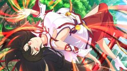 Rule 34 | 1girl, backflip, bell, black hair, branch, breasts, grass, grin, high heels, highres, japanese clothes, kagura (senran kagura), large breasts, long hair, looking at viewer, miko, nontraditional miko, official alternate costume, official art, red eyes, ribbon, senran kagura, senran kagura new link, shrine, smile, smirk, solo, symbol-shaped pupils, torii, torn clothes, tree, very long hair, yaegashi nan