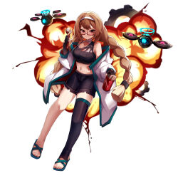 Rule 34 | 1girl, absurdres, bike shorts, braid, breasts, brown eyes, brown hair, can, cleavage, closed mouth, evil eye sigma, explosion, full body, gears, glasses, hairband, halterneck, highres, holding, holding can, holding wrench, jacket, long hair, looking at viewer, medium breasts, midriff, navel, off shoulder, red-framed eyewear, rika (touhou), robot, sandals, semi-rimless eyewear, simple background, single thighhigh, solo, stirrup legwear, thighhighs, toeless legwear, touhou, touhou (pc-98), twin braids, very long hair, white background, white hairband, white jacket, wrench, yingzi luren