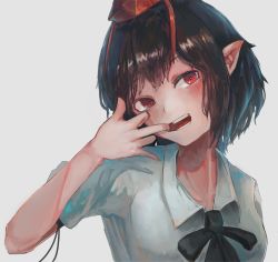 Rule 34 | 1girl, black hair, finger in own mouth, fjsmu, hand to own mouth, hand up, hat, head tilt, highres, looking at viewer, mouth pull, neck ribbon, pointy ears, red eyes, ribbon, shameimaru aya, short hair, simple background, smile, solo, teeth, tokin hat, touhou, upper body, white background