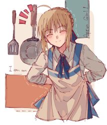 Rule 34 | 1girl, alternate costume, apron, arms behind back, artoria pendragon (fate), blonde hair, blue ribbon, blush, braid, colored eyelashes, english text, closed eyes, fate/stay night, fate (series), french braid, frying pan, highres, kokonoair, ribbon, saber (fate), shirt, sketch, solo, spatula, white apron, white background, white shirt