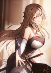 Rule 34 | 1girl, bare shoulders, black dress, breasts, brown hair, commentary, cowboy shot, detached sleeves, dress, furen e lustario, genyaky, grin, hair between eyes, highres, large breasts, long hair, long sleeves, looking at viewer, looking to the side, nijisanji, parted lips, red eyes, sheath, sheathed, signature, smile, solo, sword, very long hair, virtual youtuber, weapon