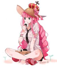 Rule 34 | 1girl, bad id, bad twitter id, black eyes, black necktie, blunt bangs, bracelet, braid, commentary request, crossed legs, crown, drill hair, eating, food, hat, jewelry, joman, korean commentary, looking to the side, necktie, one piece, onigiri, perona, pink ribbon, plate, red footwear, ribbon, shirt, sidelocks, simple background, sitting, solo, white background, white shirt