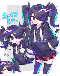 Rule 34 | 1girl, ame-chan (needy girl overdose), arm at side, black eyes, black hair, black hoodie, black thighhighs, blush stickers, border, chibi, chibi inset, commentary request, cropped legs, drawstring, grey background, hair over one eye, hair tie, hand in pocket, highres, hood, hood down, hoodie, looking at viewer, miniskirt, multiple views, needy girl overdose, one eye covered, plaid, plaid skirt, pleated skirt, print hoodie, red skirt, short twintails, simple background, skirt, sleeves past fingers, sleeves past wrists, sushiuma m, thighhighs, twintails, white border