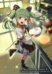 Rule 34 | 1girl, apron, blush, brown eyes, cooking, doll joints, gaou (umaiyo puyoman), green hair, joints, kitchen, looking at viewer, mixing bowl, official art, open mouth, smile, solo, twintails, whisk, z/x
