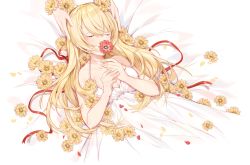 Rule 34 | 1girl, bad id, bad pixiv id, bare arms, bare shoulders, bed sheet, blonde hair, breasts, closed eyes, collarbone, commentary request, dress, flower, from above, highres, holding, holding flower, long hair, lying, medium breasts, miyuki (miyuki 05290), on back, on bed, out of frame, petals, sidelocks, sleeping, sleeveless, sleeveless dress, solo focus, vocaloid, white dress, yellow flower