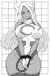 Rule 34 | 1girl, :/, animal ears, bare shoulders, boku no hero academia, bound, bound wrists, breasts, chained wrists, covered navel, crescent print, dark-skinned female, dark skin, fanbox username, fur collar, grid background, guchapin, head tilt, highleg, highleg leotard, highres, large breasts, leotard, long eyelashes, long hair, looking at viewer, mirko, parted bangs, partially colored, patreon username, rabbit ears, rabbit girl, red eyes, scratches, sleeveless turtleneck leotard, solo, taut leotard, thick thighs, thighhighs, thighs, toned, torn clothes, torn leotard, very long hair, white hair, white leotard