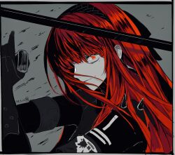 Rule 34 | 1girl, closed mouth, hair over one eye, hairband, highres, hikachil, holding, holding weapon, long hair, monochrome, punishing: gray raven, red eyes, red hair, spot color, vera: rozen (punishing: gray raven), vera (punishing: gray raven), weapon