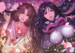 Rule 34 | 2girls, armor, black gloves, blue eyes, bodysuit, breasts, brown hair, cherry blossoms, commission, covered navel, fate/grand order, fate (series), fingerless gloves, gloves, hair tie, japanese armor, japanese clothes, kimono, kote, large breasts, long hair, lying, minamoto no raikou (fate), multiple girls, on back, open mouth, parted bangs, purple bodysuit, purple eyes, purple hair, realize (re-alize), ribbed sleeves, rope, ryougi shiki, ryougi shiki (third ascension), very long hair, wide sleeves