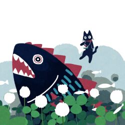 Rule 34 | animal focus, black cat, camera, camera around neck, cat, clover, collar, commentary, fish, flower, highres, looking at viewer, mamei mema, no humans, open mouth, original, red collar, sharp teeth, teeth, white background, white flower