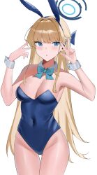 Rule 34 | 1girl, :o, animal ears, azurel577, bare legs, bare shoulders, blonde hair, blue archive, blue bow, blue bowtie, blue eyes, blue hairband, blue halo, blue leotard, blush, bow, bowtie, breasts, cleavage, covered navel, cowboy shot, detached collar, earpiece, earrings, fake animal ears, groin, hairband, halo, hands up, highleg, highleg leotard, highres, jewelry, leotard, long hair, medium breasts, multicolored hair, official alternate costume, parted lips, playboy bunny, rabbit ears, simple background, solo, streaked hair, stud earrings, thigh gap, toki (blue archive), toki (bunny) (blue archive), v, very long hair, w, white background, wrist cuffs