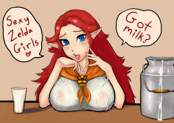 Rule 34 | 1girl, absurdres, artist request, blue eyes, breasts, covered erect nipples, female focus, highres, large breasts, long hair, looking at viewer, malon, milk, nintendo, pointy ears, red hair, saliva, solo, the legend of zelda, the legend of zelda: ocarina of time, tongue, tongue out, wet