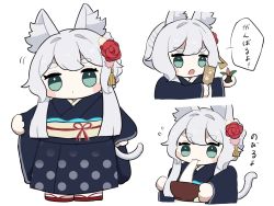 Rule 34 | 1girl, :o, alternate costume, animal ear fluff, animal ears, arknights, black kimono, blush stickers, bowl, braid, cat ears, cat girl, cat tail, chibi, closed mouth, commentary request, eating, flower, flying sweatdrops, food, green eyes, hagoita, hair flower, hair ornament, hane (hanetsuki), highres, holding, holding bowl, japanese clothes, kimono, long hair, long sleeves, mochi, multiple views, obi, open mouth, paddle, red flower, red rose, rose, rosmontis (arknights), sash, short eyebrows, silver hair, simple background, someyaya, tail, thick eyebrows, white background, wide sleeves