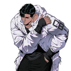 Rule 34 | 1boy, 1thousand9, absurdres, arm warmers, bara, black hair, closed eyes, cowboy shot, dark-skinned male, dark skin, hand in pocket, hand on own shoulder, highres, hunched over, jacket, male focus, muscular, muscular male, open clothes, open jacket, original, pants, shirt, short hair, solo, thick eyebrows, white background, white jacket