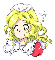 Rule 34 | 1girl, 2023, :|, blonde hair, closed mouth, dated, long hair, maid headdress, nonamejd, official style, simple background, solo, touhou, touhou (pc-98), upper body, white background, yellow eyes, yumeko (touhou), zun (style)