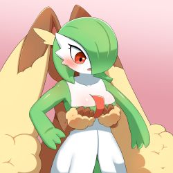 Rule 34 | 2girls, blush, bob cut, body fur, grabbing another&#039;s breast, breasts, brown fur, collarbone, colored skin, cowboy shot, creatures (company), female focus, game freak, gardevoir, gen 3 pokemon, gen 4 pokemon, grabbing, gradient background, green hair, green skin, hair over one eye, hands up, highres, looking down, lopunny, medium breasts, multicolored skin, multiple girls, nintendo, one eye covered, open mouth, pokemon, pokemon (creature), rabbit ears, rabbit girl, red background, red eyes, shiny skin, short hair, simple background, solo focus, standing, sum (ganach24), two-tone fur, two-tone skin, white skin, yellow fur, yuri
