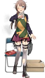 Rule 34 | 1girl, apron, black sweater, blue eyes, blue necktie, blush, boots, box, brown footwear, brown hair, burnt clothes, cardboard box, chair, cross-laced footwear, dress, folding chair, fujikawa, full body, grey thighhighs, kantai collection, kazagumo (kancolle), kazagumo kai ni (kancolle), lace-up boots, long hair, long sleeves, necktie, official art, open mouth, ponytail, purple dress, solo, standing, sweater, thighhighs, torn clothes, torn thighhighs, torpedo launcher, transparent background