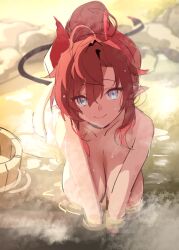Rule 34 | 1girl, aqua eyes, blue archive, breasts, bucket, censored, cleavage, commentary, completely nude, hair between eyes, horns, large breasts, long hair, looking at viewer, megu (blue archive), nude, onsen, partially submerged, pointy ears, ponytail, red hair, red horns, smile, solo, steam, symbol-only commentary, tail, water, wet, wooden bucket, xiujia yihuizi