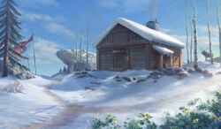 Rule 34 | animal, blue sky, blunell (artist), cabin, chimney, commentary, english commentary, flower, highres, landscape, moose, no humans, original, outdoors, path, pine tree, plant, road, rock, sky, smoke, snow, tree, yellow flower