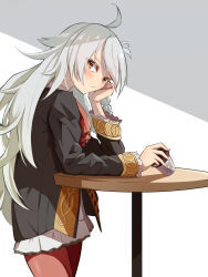 Rule 34 | 1girl, antenna hair, ascot, black jacket, blush, buttons, chaldea logo, closed mouth, coffee cup, cup, disposable cup, dress, fate/grand order, fate (series), frilled sleeves, frills, grey hair, hamao 1, head rest, highres, holding, holding cup, jacket, long hair, long sleeves, looking at viewer, olga marie animusphere, orange pantyhose, pantyhose, red ascot, solo, swept bangs, table, white background, white dress