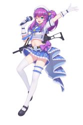 Rule 34 | 1girl, ;d, absurdres, argent wing, arm up, assault rifle, belt, beret, black footwear, blue eyes, blue skirt, bow, breasts, crop top, crop top overhang, frilled shirt, frills, full body, g36 (argent wing), gloves, gun, h&amp;k g36, hand up, hat, highres, holding, idol, long hair, looking at viewer, mary janes, medium breasts, microphone, midriff, miniskirt, navel, official art, one eye closed, one side up, open mouth, outstretched arm, pleated skirt, purple bow, purple hair, rifle, sailor collar, shirt, shoes, short sleeves, simple background, skirt, smile, solo, stomach, thighhighs, thighs, weapon, white background, white gloves, white hat, white shirt, white thighhighs, zettai ryouiki