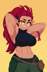 Rule 34 | 1girl, abs, armlet, belt, belt pouch, breasts, dithered background, earrings, fangs, green pants, highres, jewelry, large breasts, minimilieu, muscular, muscular female, original, pants, pixel art, pointy ears, ponytail, pouch, red hair, slit pupils, smile, solo, spiked hair, tank top, yellow background, yellow eyes