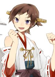 Rule 34 | 10s, 1girl, :d, bare shoulders, blue eyes, brown hair, detached sleeves, fang, flipped hair, headgear, hiei (kancolle), hita (hitapita), japanese clothes, kantai collection, nontraditional miko, open mouth, purple eyes, ribbon-trimmed sleeves, ribbon trim, short hair, smile, solo