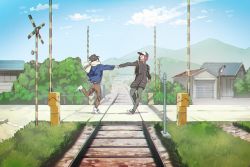 Rule 34 | 10s, 2boys, backpack, bag, baseball cap, black hair, blue sky, building, bush, cloud, coat, day, eye contact, free!, full body, grass, hana (dqkmb362), hat, holding hands, jacket, looking at another, male focus, matsuoka rin, mountain, multiple boys, nanase haruka (free!), open mouth, outdoors, pants, plant, puffy coat, pulling another&#039;s clothes, railroad crossing, railroad tracks, red hair, road, rural, scarf, shoes, short hair, sky, smile, sneakers, standing, standing on one leg, tree