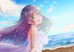 Rule 34 | 1girl, aqua eyes, artist name, artist request, bare shoulders, beach, blue sky, blush, braid, breasts, cloud, crescent, crescent hair ornament, crown braid, day, dress, drop earrings, earrings, female focus, floating hair, frilled dress, frills, from behind, green eyes, hair ornament, highres, jewelry, long hair, looking at viewer, looking back, love live!, love live! school idol project, medium breasts, ocean, outdoors, parted lips, purple hair, sideboob, skirt, sky, smile, solo, teeth, tojo nozomi, white dress, white skirt