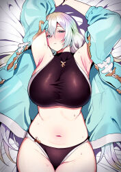 Rule 34 | 1girl, absurdres, amano don, aqua jacket, armpits, arms up, bare shoulders, bikini, black bikini, black gloves, blush, breasts, collarbone, crop top, cupitan (granblue fantasy), cupitan (summer) (granblue fantasy), gloves, gradient hair, granblue fantasy, green eyes, green hair, grey hair, highres, huge breasts, jacket, long hair, long sleeves, looking at viewer, low twintails, lying, multicolored hair, navel, official alternate costume, on back, open clothes, open jacket, sideboob, solo, stomach, swimsuit, twintails, very long hair