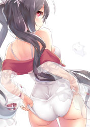 Rule 34 | + +, 1girl, absurdres, adjusting clothes, adjusting swimsuit, ass, azur lane, backless outfit, black hair, bow, commentary request, from behind, highres, i-168 (azur lane), kijibato 123-gou, looking at viewer, looking back, one-piece swimsuit, red bow, red eyes, see-through, see-through sleeves, simple background, solo, swimsuit, symbol-shaped pupils, thigh gap, twintails, white background, white one-piece swimsuit