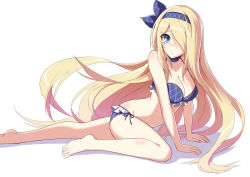 Rule 34 | 1girl, arm support, bad id, bad pixiv id, bare legs, bare shoulders, barefoot, bikini, blonde hair, blue bikini, blue eyes, blush, breasts, cleavage, collarbone, commentary request, frilled bikini, frills, hair over one eye, hair ribbon, hairband, leaning forward, long hair, looking at viewer, navel, pandora (p&amp;d), puuzaki puuna, puzzle &amp; dragons, ribbon, side-tie bikini bottom, simple background, sitting, solo, swimsuit, very long hair