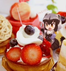 Rule 34 | 1girl, animal ears, black gloves, black hair, black skirt, blueberry, blush, common raccoon (kemono friends), elbow gloves, food, fruit, gloves, grey hair, holding, holding spoon, kemono friends, kolshica, mini person, minigirl, multicolored clothes, multicolored gloves, open mouth, pantyhose, photo background, raccoon ears, raccoon tail, short hair, sitting, skirt, spoon, strawberry, tail, tart (food), translation request, white gloves, white hair, white pantyhose