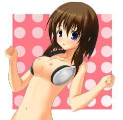 Rule 34 | 1girl, :o, blue eyes, blush, breasts, breasts squeezed together, brown hair, clenched hands, collarbone, copyright request, female focus, forearms at chest, hair between eyes, headphones, headphones around neck, highres, large breasts, navel, nipples, nude, open mouth, original, shinkirou (s-k-w), short hair with long locks, solo, topless frame, upper body