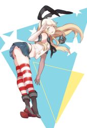 Rule 34 | 10s, 1girl, ass, bad id, bad twitter id, bent over, blonde hair, emu (eomou), full body, highres, kantai collection, legs, long hair, miniskirt, salute, shimakaze (kancolle), skirt, solo, striped clothes, striped thighhighs, thighhighs
