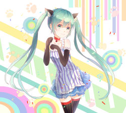 Rule 34 | 1girl, animal ears, bad id, bad pixiv id, cat ears, choker, dress, elbow gloves, gloves, green eyes, green hair, hatsune miku, highres, lan jue, long hair, matching hair/eyes, paw pose, solo, thighhighs, twintails, very long hair, vocaloid