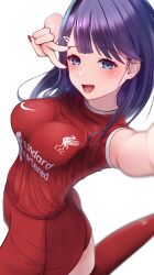 Rule 34 | 1girl, :d, azur lane, blue eyes, commission, ex saki, highres, liverpool (azur lane), liverpool fc, looking at viewer, name connection, nike (company), open mouth, pixiv commission, premier league, purple hair, selfie, simple background, smile, soccer uniform, sportswear, v over eye, white background