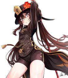 Rule 34 | 1girl, arm up, brown hair, cowboy shot, flower, genshin impact, hat, hu tao (genshin impact), long sleeves, looking at viewer, overlord (overlord80000), plum blossoms, red eyes, short shorts, shorts, symbol-shaped pupils, tailcoat, twintails
