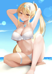 Rule 34 | 1girl, alternate costume, alternate hairstyle, armpits, arms behind head, arms up, bare shoulders, beach, bikini, blonde hair, blue sky, blush, breasts, chest jewel, cleavage, collarbone, daive, headpiece, highres, large breasts, long hair, mythra (xenoblade), navel, open mouth, ponytail, shore, sky, smile, solo, swept bangs, swimsuit, thigh strap, tiara, very long hair, white bikini, xenoblade chronicles (series), xenoblade chronicles 2, yellow eyes