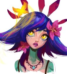 Rule 34 | 1girl, animal, artskimaa (maria), blue hair, bug, butterfly, colored skin, cropped shoulders, flipped hair, flower, freckles, green skin, hair flower, hair ornament, insect, jewelry, league of legends, medium hair, multicolored hair, multicolored skin, necklace, neeko (league of legends), orange eyes, pink flower, pink hair, pink lips, portrait, reptile girl, simple background, slit pupils, teeth, tow-tone skin, two-tone hair, two-tone skin
