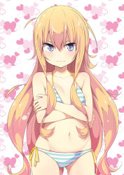 Rule 34 | 1girl, bare arms, bare legs, bare shoulders, bikini, blonde hair, blue eyes, closed mouth, collarbone, commentary, cowboy shot, crossed arms, embarrassed, flat chest, frown, gabriel dropout, gabriel tenma white, gluteal fold, hair between eyes, heart, heart background, highres, long hair, looking at viewer, micro bikini, navel, side-tie bikini bottom, sidelocks, solo, standing, stomach, striped bikini, striped clothes, swimsuit, thigh gap, ukami, very long hair, wavy mouth
