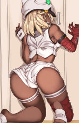 Rule 34 | 1girl, against door, arc system works, ass, asymmetrical gloves, bandaged arm, bandages, bare shoulders, blonde hair, blush, breasts, cameltoe, clenched teeth, dark skin, fingerless gloves, from behind, gloves, govsoyn, guilty gear, guilty gear strive, hat, highres, kneeling, medium breasts, medium hair, mismatched gloves, orange eyes, ramlethal valentine, short shorts, shorts, sideboob, solo, teeth, thick thighs, thigh strap, thighs