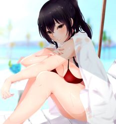 Rule 34 | 1girl, :d, bare arms, bare legs, barefoot, beach chair, bikini, black hair, blurry, blurry background, blush, breasts, cleavage, drink, drinking straw, hair between eyes, high ponytail, highres, idolmaster, idolmaster shiny colors, knees up, large breasts, looking at viewer, nail polish, open mouth, outdoors, pink nails, red bikini, ryuu., see-through, shirase sakuya, sitting, sleeveless, smile, solo, swimsuit, table, towel, tropical drink, wet, wet hair, wet towel, yellow eyes